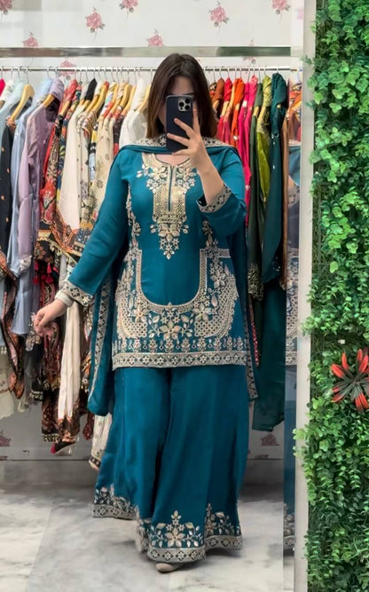Elegant Teal Color Embroidered Designer Ready To Wear Sharara Set