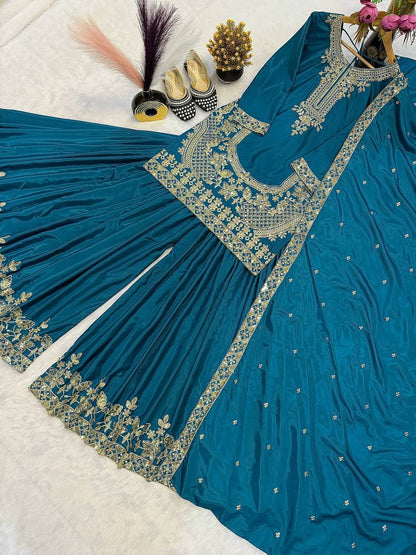 Elegant Teal Color Embroidered Designer Ready To Wear Sharara Set
