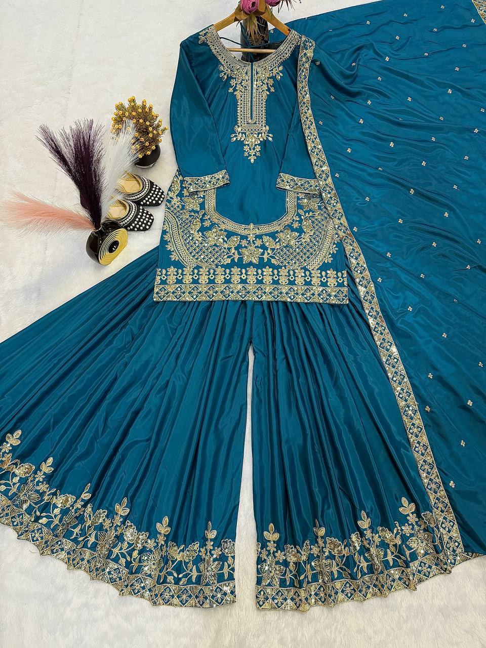 Elegant Teal Color Embroidered Designer Ready To Wear Sharara Set