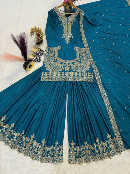 Elegant Teal Color Embroidered Designer Ready To Wear Sharara Set