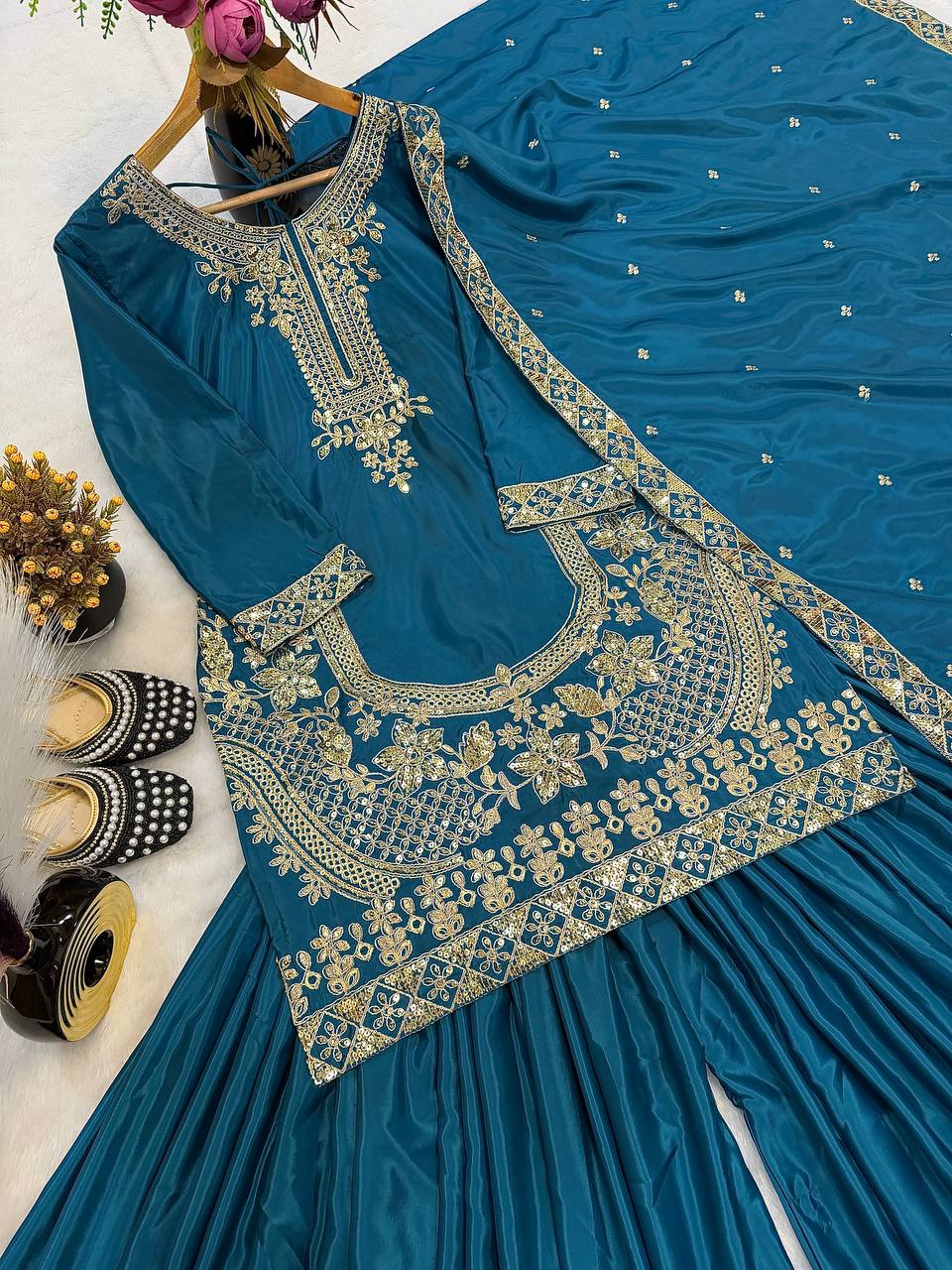 Elegant Teal Color Embroidered Designer Ready To Wear Sharara Set