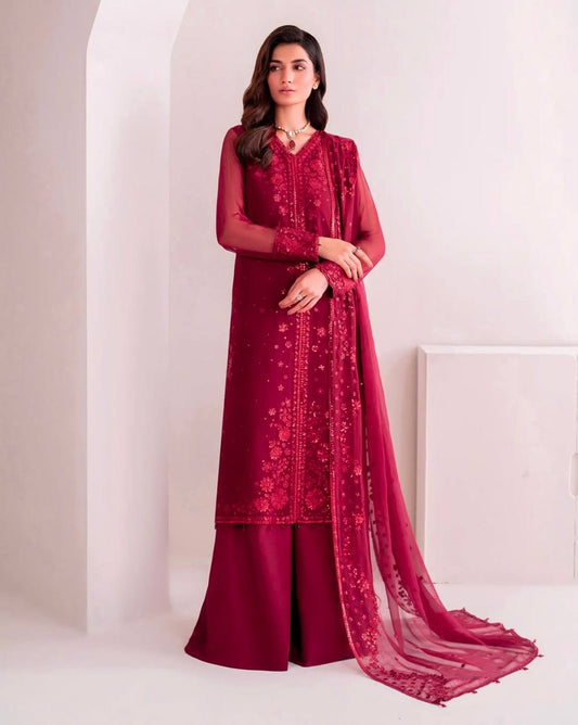 Casual Wear Maroon Color Pure Faux Georgette With Embroidery Sequence Work Palazzo Suit