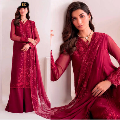 Casual Wear Maroon Color Pure Faux Georgette With Embroidery Sequence Work Palazzo Suit