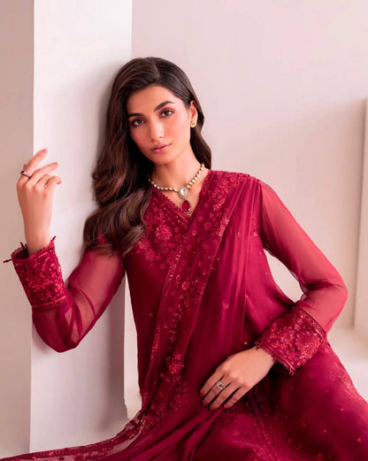 Casual Wear Maroon Color Pure Faux Georgette With Embroidery Sequence Work Palazzo Suit