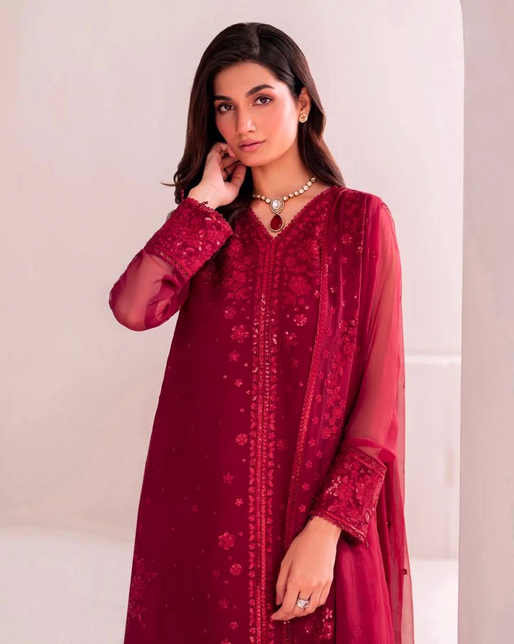 Casual Wear Maroon Color Pure Faux Georgette With Embroidery Sequence Work Palazzo Suit