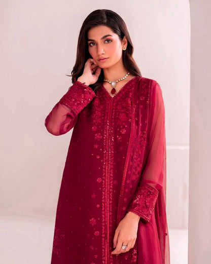 Casual Wear Maroon Color Pure Faux Georgette With Embroidery Sequence Work Palazzo Suit