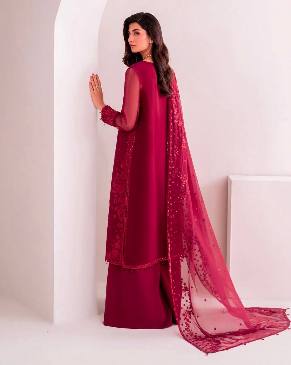 Casual Wear Maroon Color Pure Faux Georgette With Embroidery Sequence Work Palazzo Suit