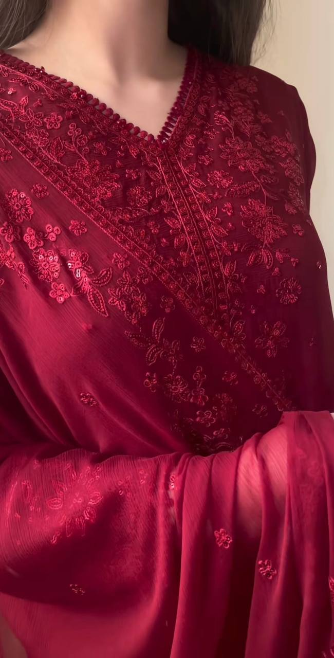 Casual Wear Maroon Color Pure Faux Georgette With Embroidery Sequence Work Palazzo Suit