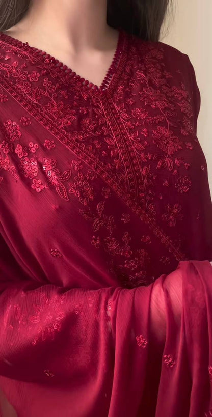 Casual Wear Maroon Color Pure Faux Georgette With Embroidery Sequence Work Palazzo Suit