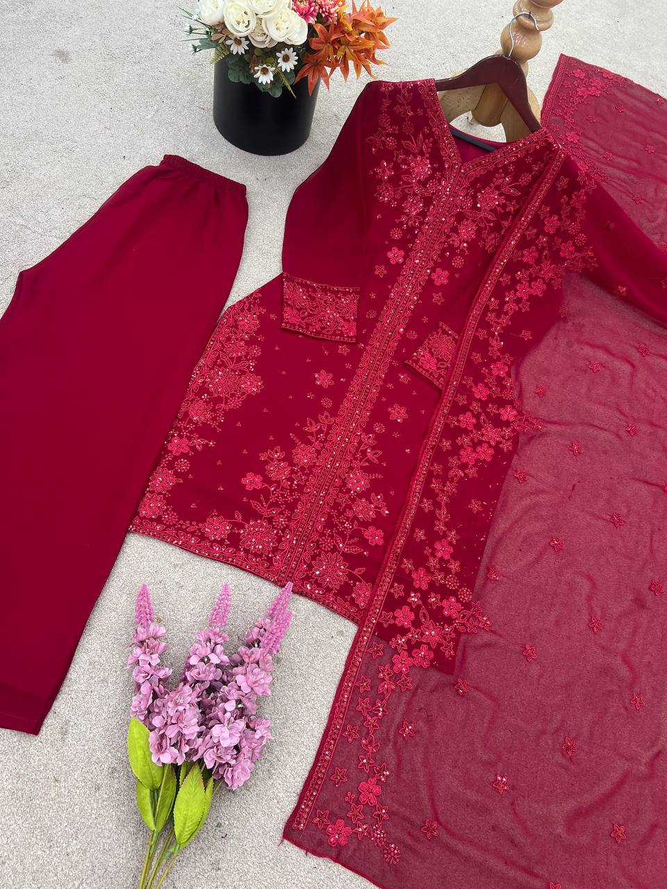 Casual Wear Maroon Color Pure Faux Georgette With Embroidery Sequence Work Palazzo Suit