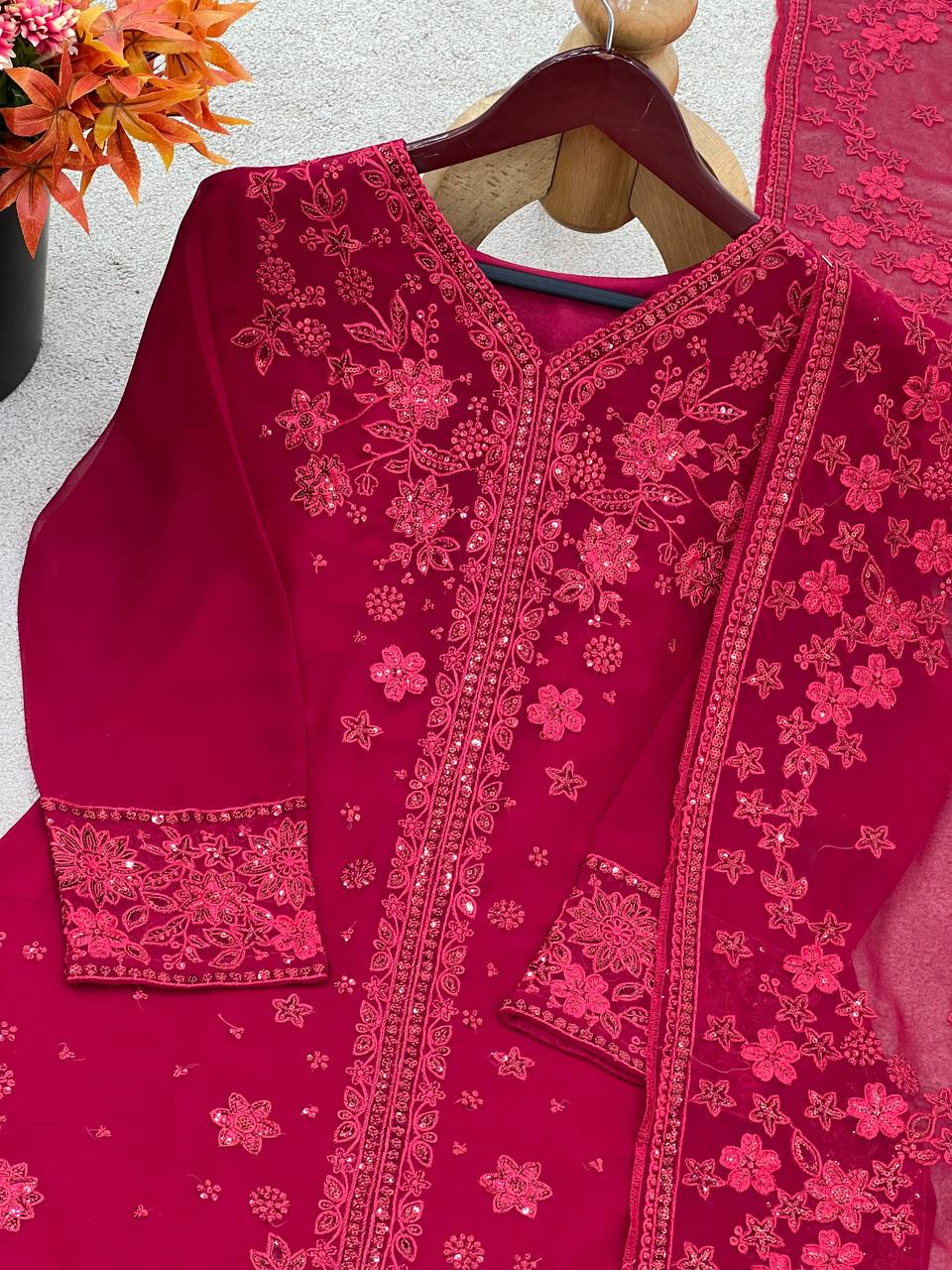 Casual Wear Maroon Color Pure Faux Georgette With Embroidery Sequence Work Palazzo Suit