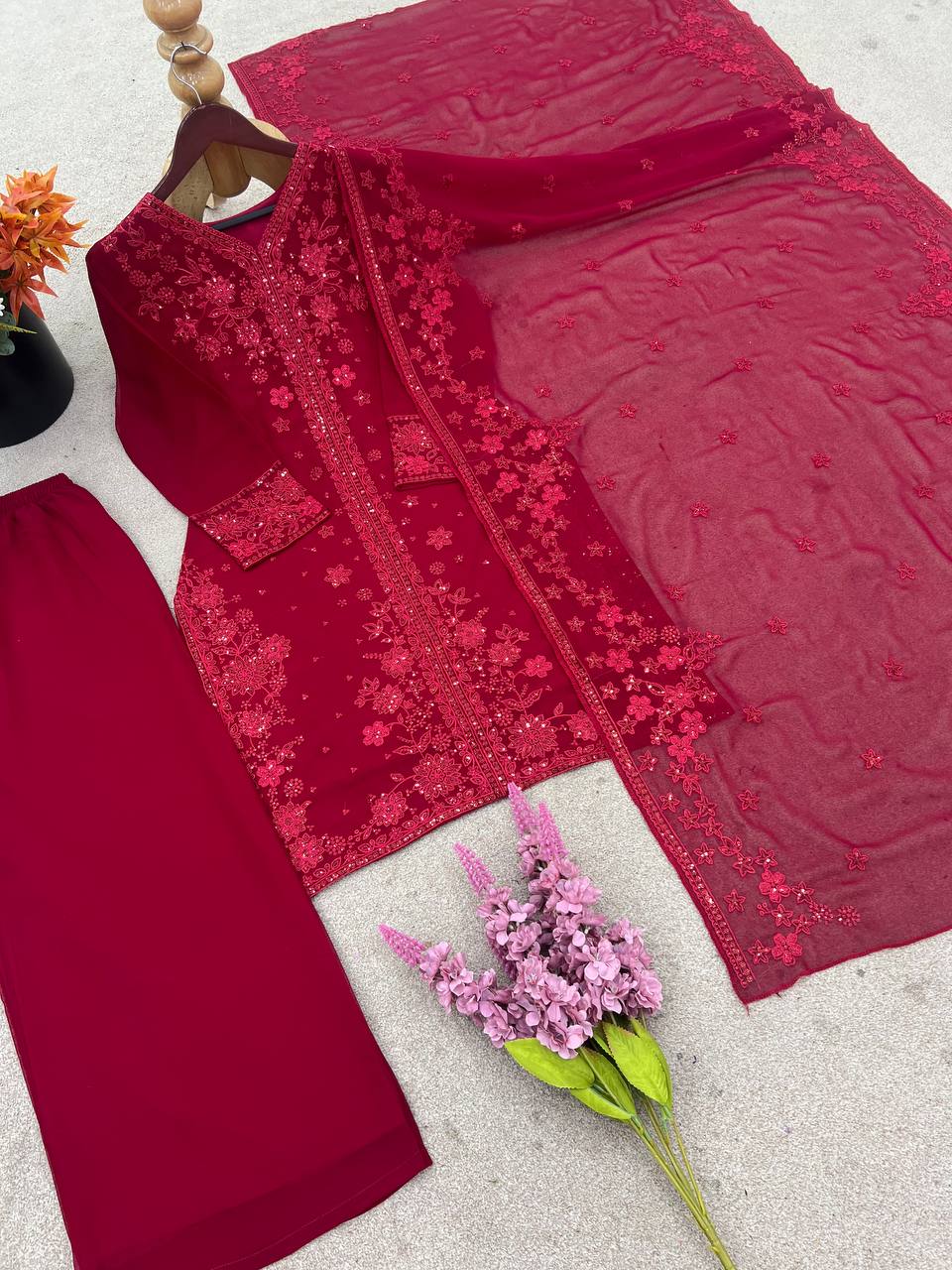 Casual Wear Maroon Color Pure Faux Georgette With Embroidery Sequence Work Palazzo Suit