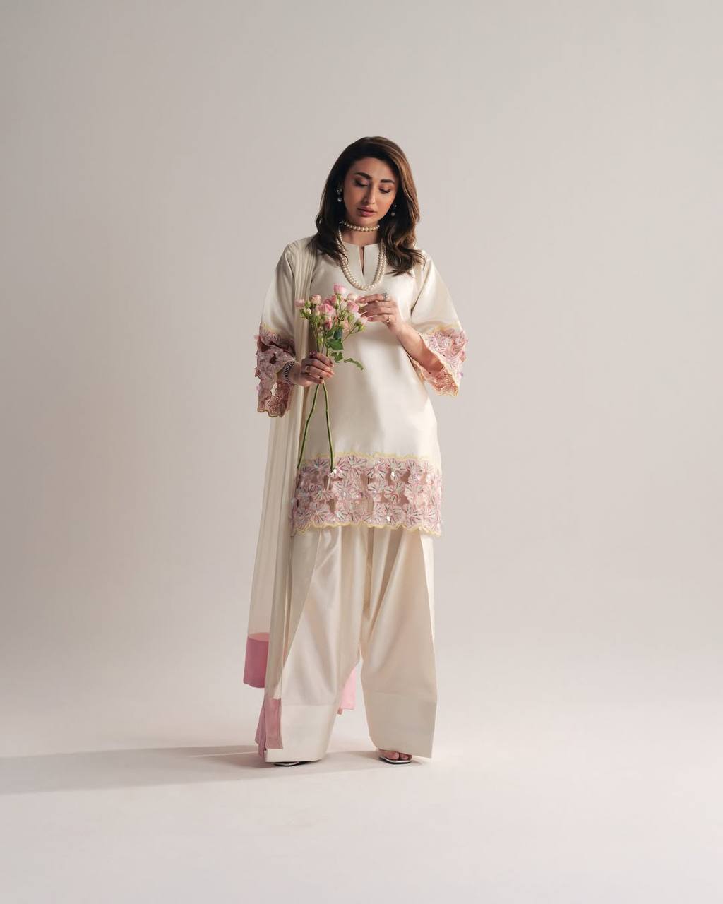 Party Wear Off White Color Crepe Silk Handwork Farshi Salwar Set