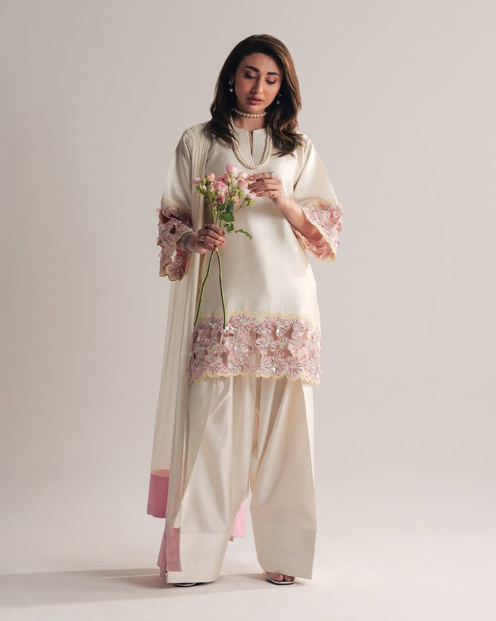 Party Wear Off White Color Crepe Silk Handwork Farshi Salwar Set