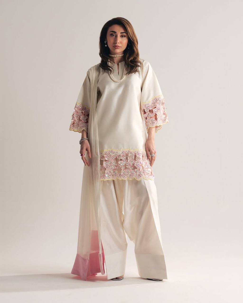 Party Wear Off White Color Crepe Silk Handwork Farshi Salwar Set
