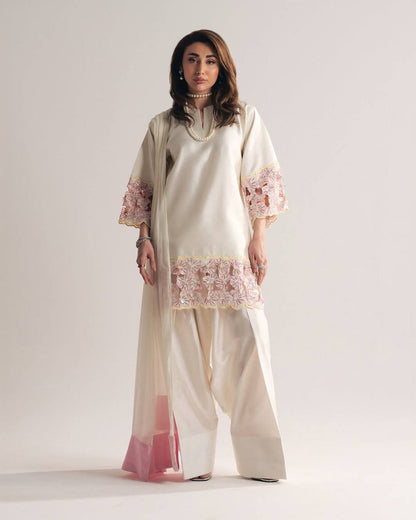 Party Wear Off White Color Crepe Silk Handwork Farshi Salwar Set