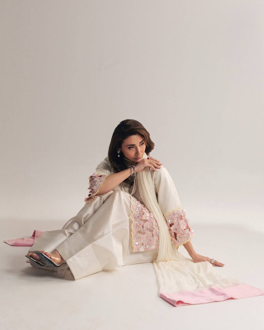 Party Wear Off White Color Crepe Silk Handwork Farshi Salwar Set