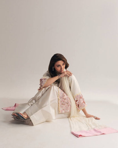 Party Wear Off White Color Crepe Silk Handwork Farshi Salwar Set