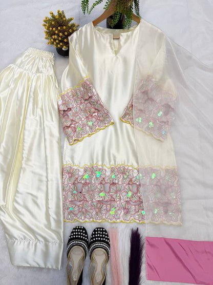Party Wear Off White Color Crepe Silk Handwork Farshi Salwar Set