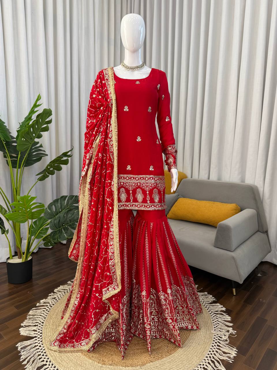 Wonderful Red Color Sequnce Embroidered Sharara Suit With Dupatta