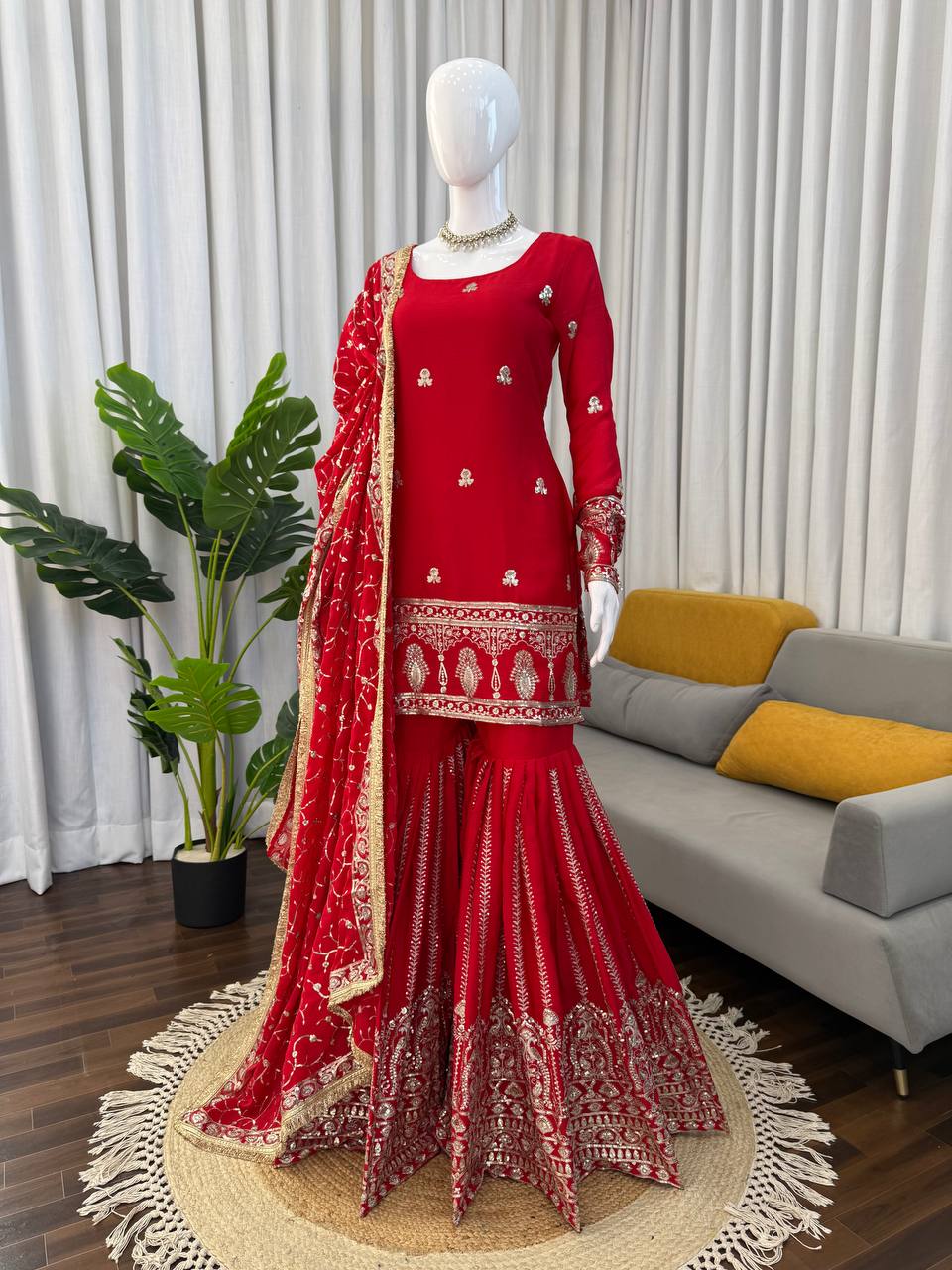 Wonderful Red Color Sequnce Embroidered Sharara Suit With Dupatta