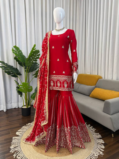 Wonderful Red Color Sequnce Embroidered Sharara Suit With Dupatta