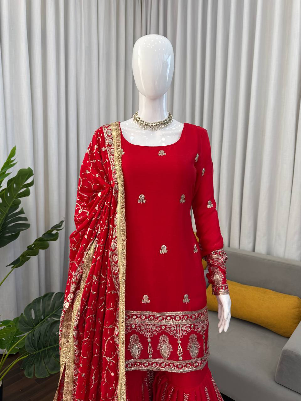 Wonderful Red Color Sequnce Embroidered Sharara Suit With Dupatta