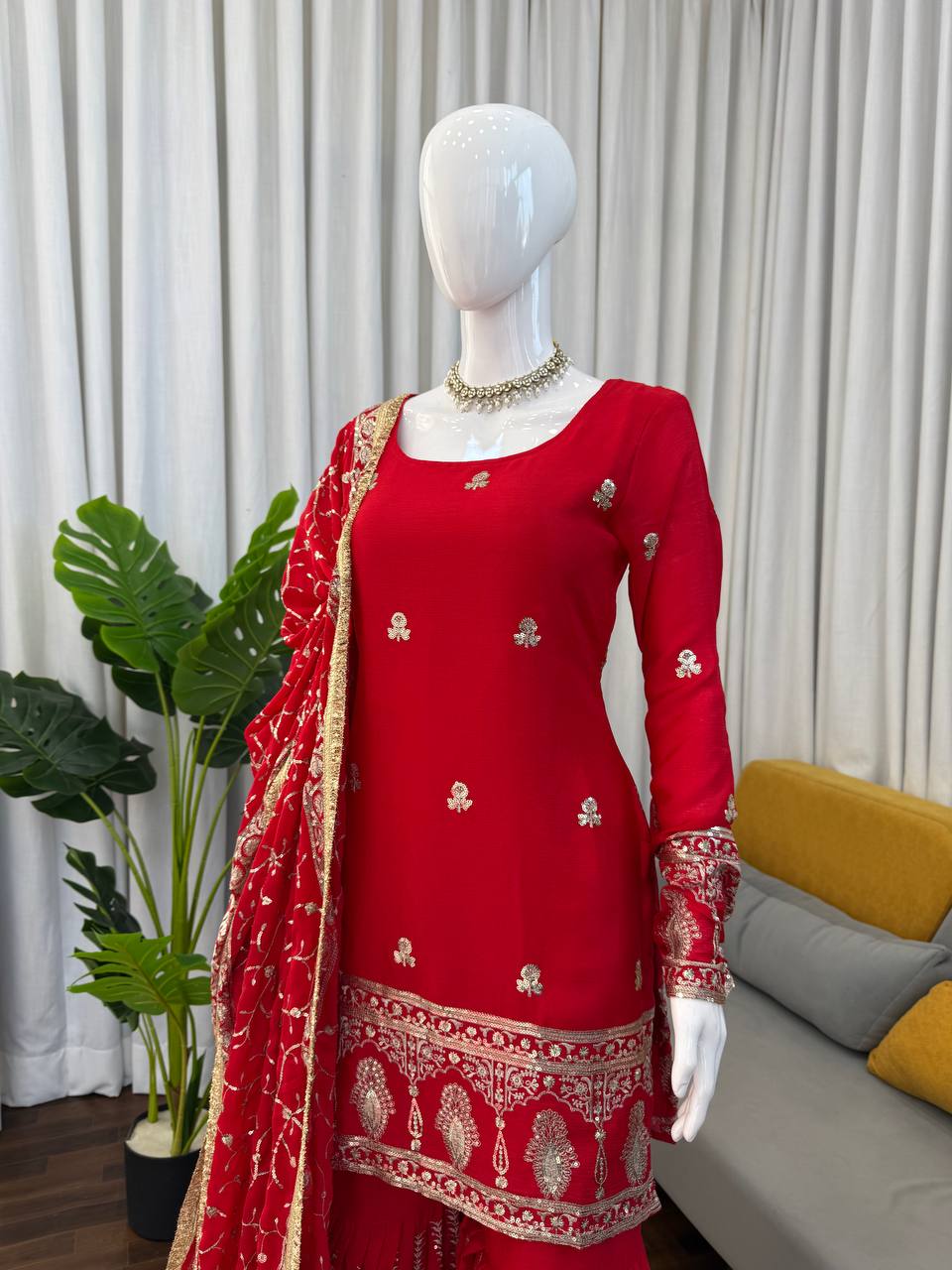 Wonderful Red Color Sequnce Embroidered Sharara Suit With Dupatta