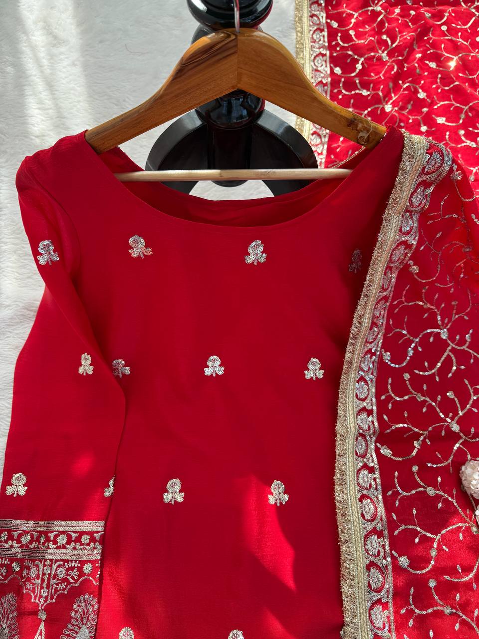 Wonderful Red Color Sequnce Embroidered Sharara Suit With Dupatta