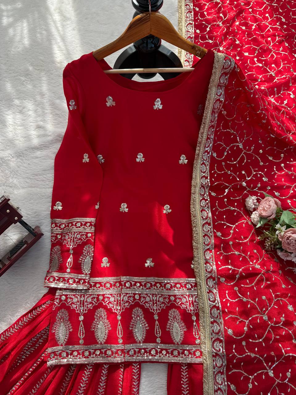 Wonderful Red Color Sequnce Embroidered Sharara Suit With Dupatta