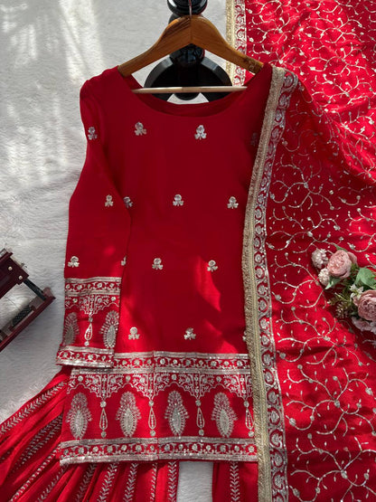 Wonderful Red Color Sequnce Embroidered Sharara Suit With Dupatta