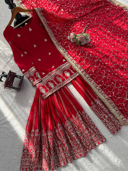 Wonderful Red Color Sequnce Embroidered Sharara Suit With Dupatta