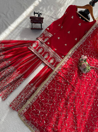 Wonderful Red Color Sequnce Embroidered Sharara Suit With Dupatta