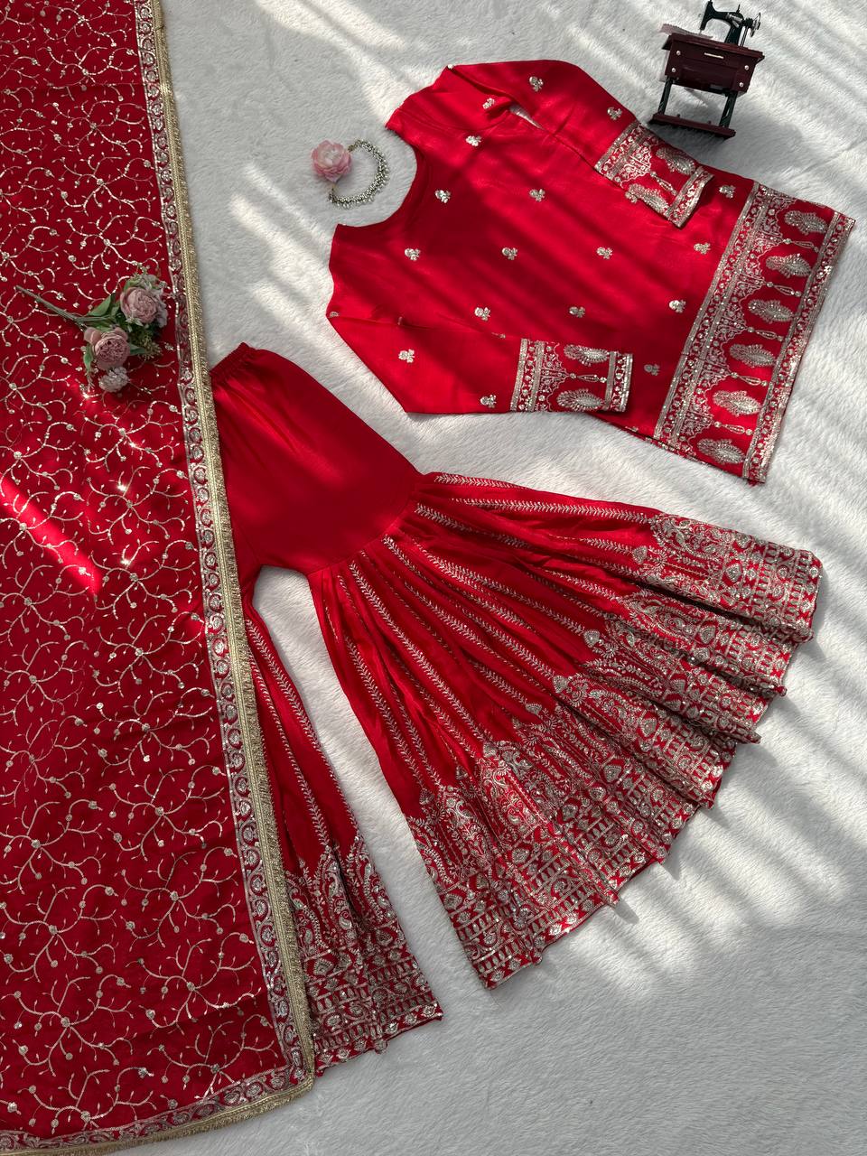 Wonderful Red Color Sequnce Embroidered Sharara Suit With Dupatta
