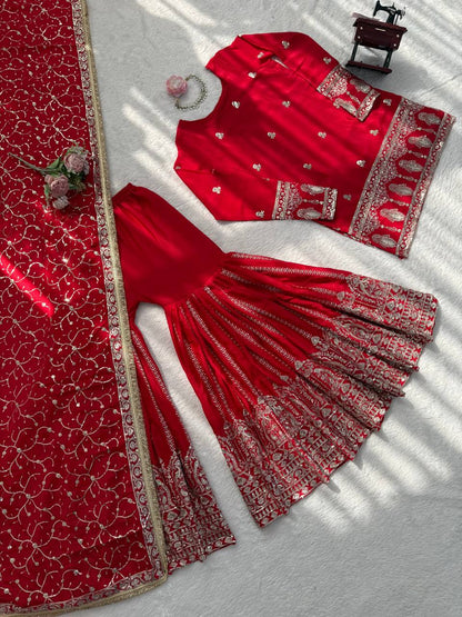 Wonderful Red Color Sequnce Embroidered Sharara Suit With Dupatta