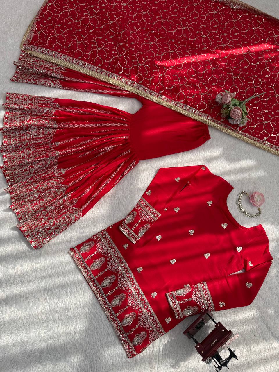 Wonderful Red Color Sequnce Embroidered Sharara Suit With Dupatta