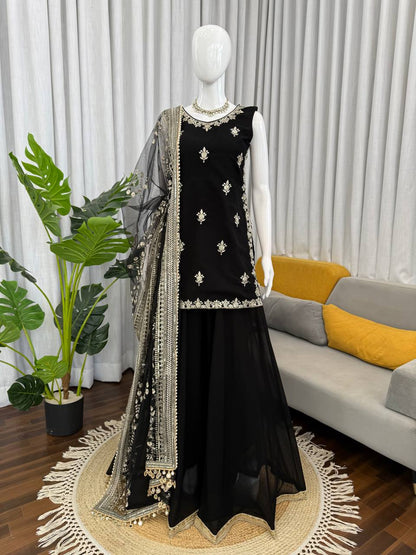 Gorgeous Black Color Sequence Palazzo Suit With Dupatta Set