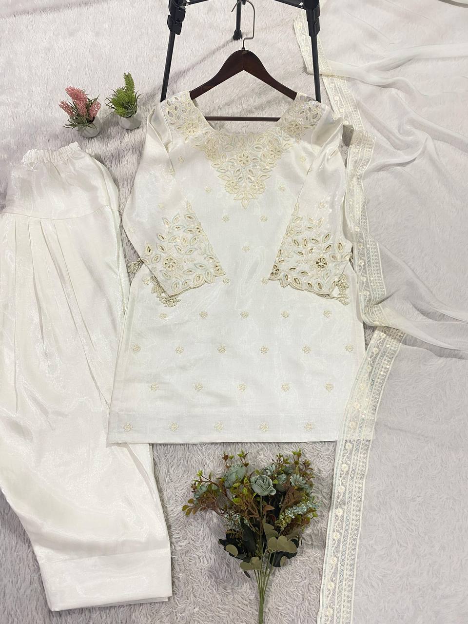 Elegant Festive Wear Off White Roman Silk Designer Salwar Suit