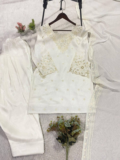 Elegant Festive Wear Off White Roman Silk Designer Salwar Suit