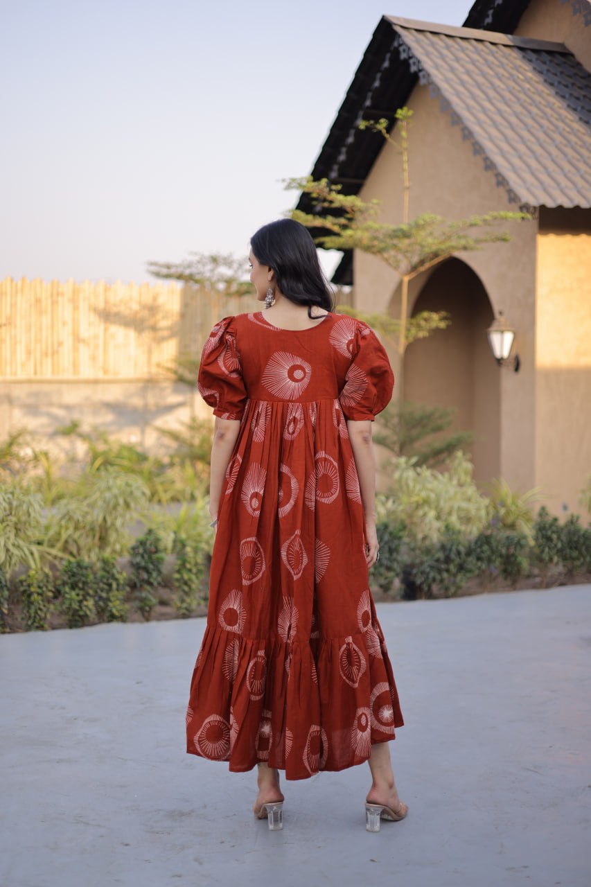 Festive Wear Orange Color Printed Cotton Flared Gown Set