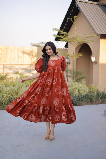 Festive Wear Orange Color Printed Cotton Flared Gown Set