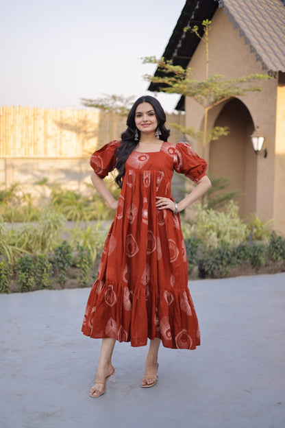 Festive Wear Orange Color Printed Cotton Flared Gown Set