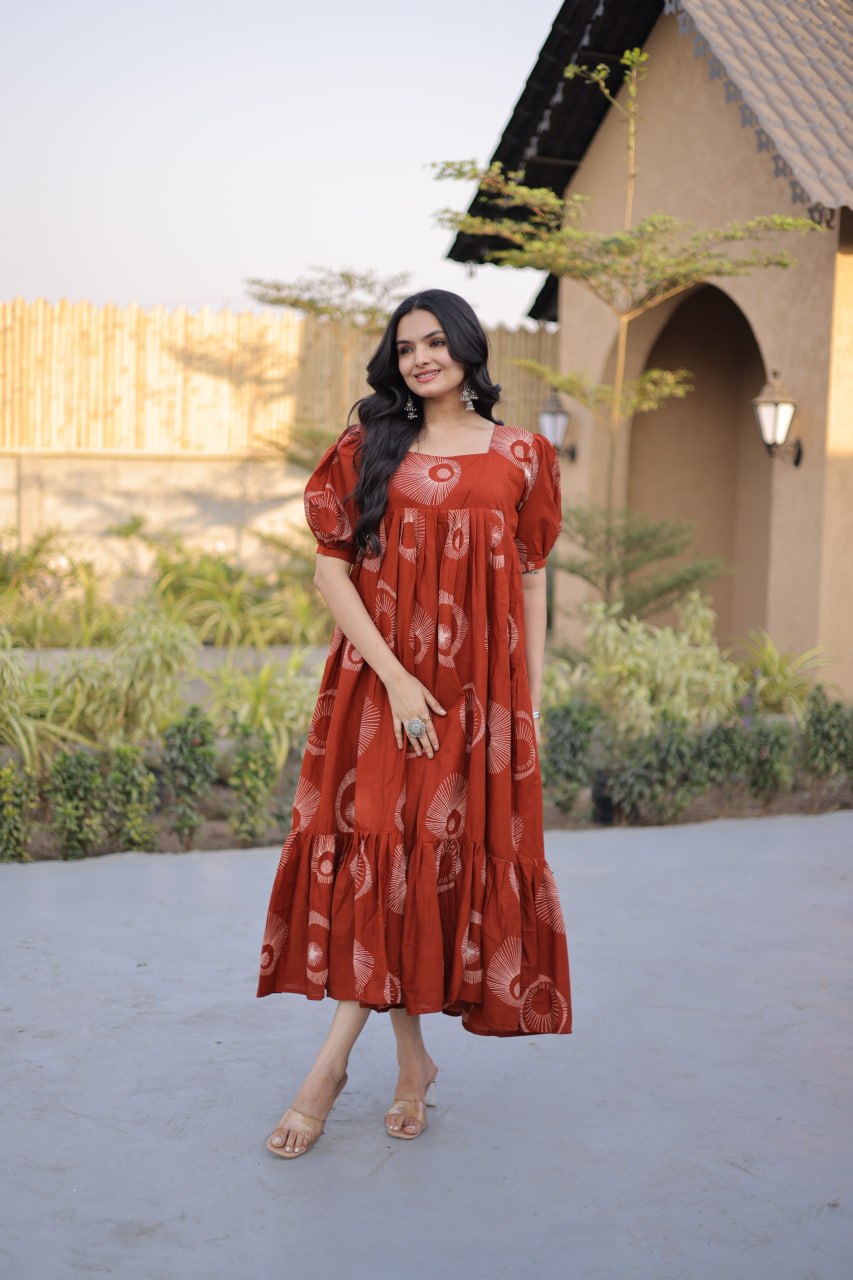 Festive Wear Orange Color Printed Cotton Flared Gown Set
