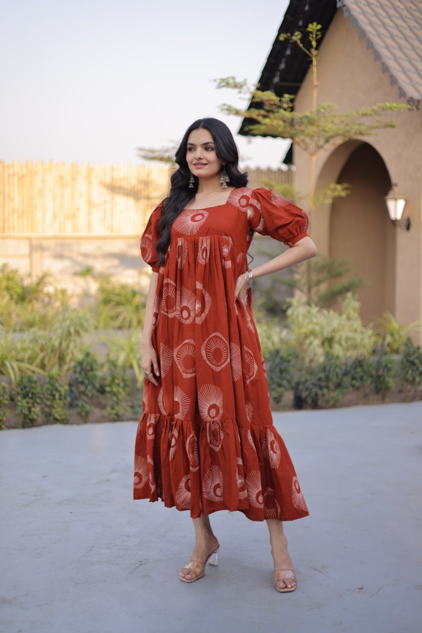 Festive Wear Orange Color Printed Cotton Flared Gown Set