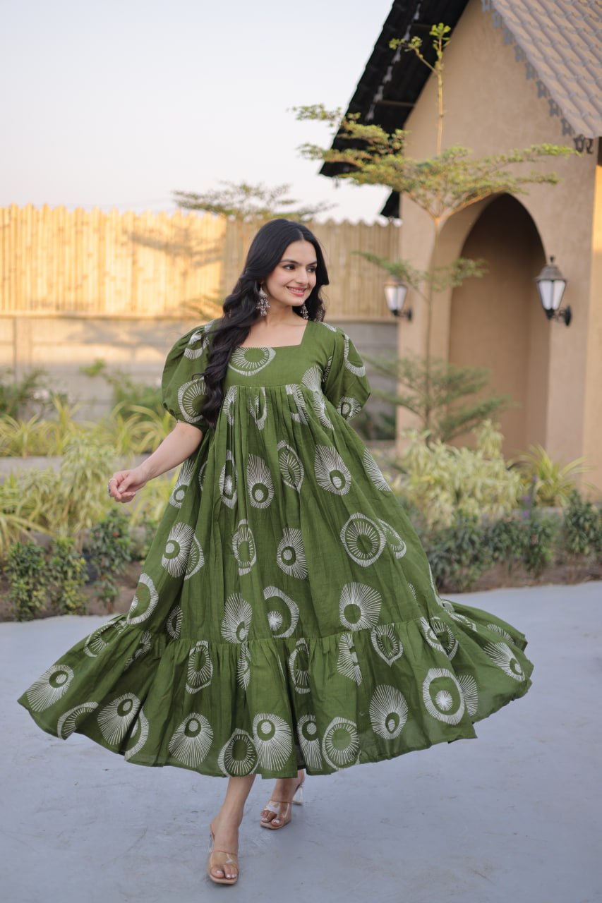 Occasion Wear Green Color Printed Cotton Flared Gown Set