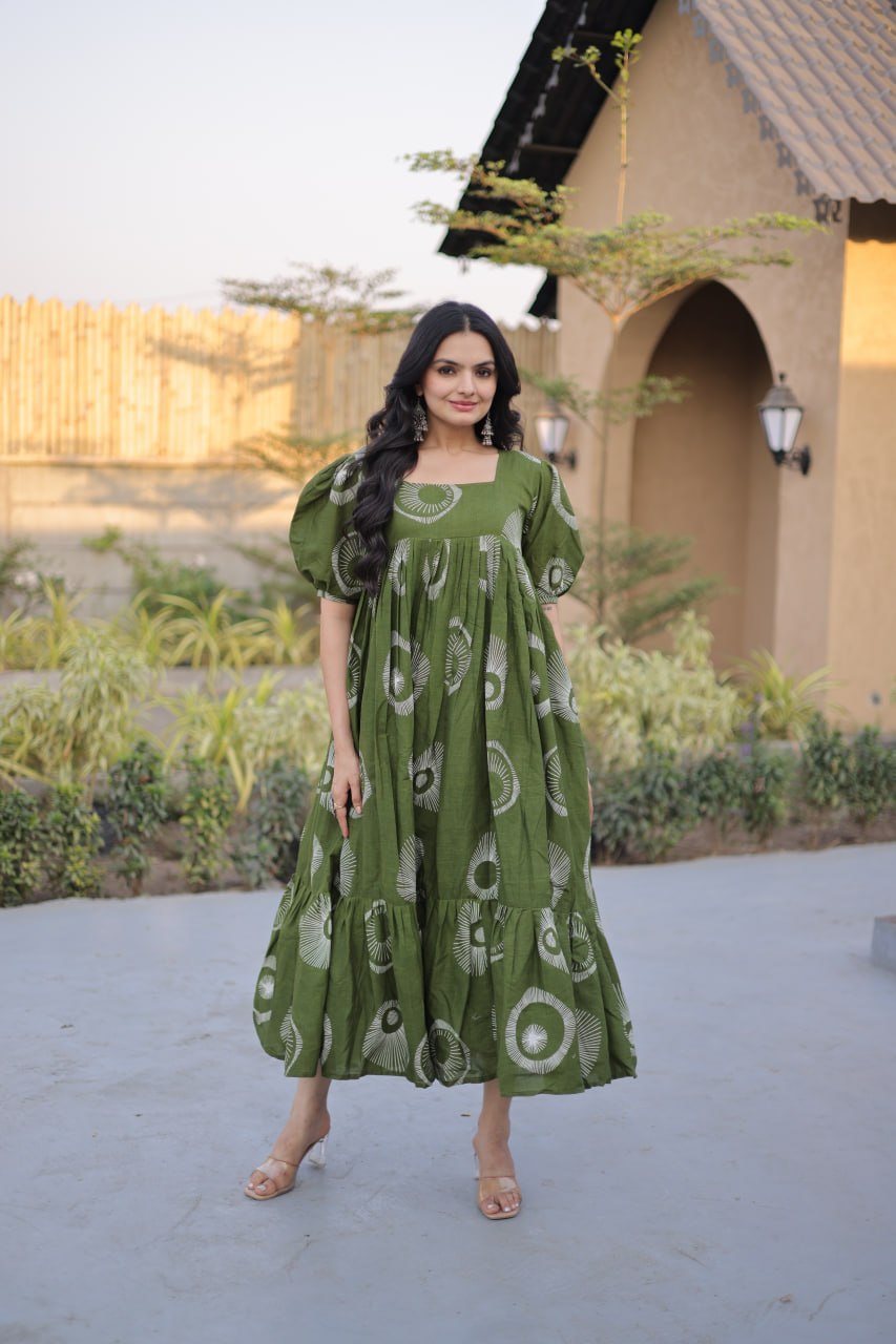 Occasion Wear Green Color Printed Cotton Flared Gown Set