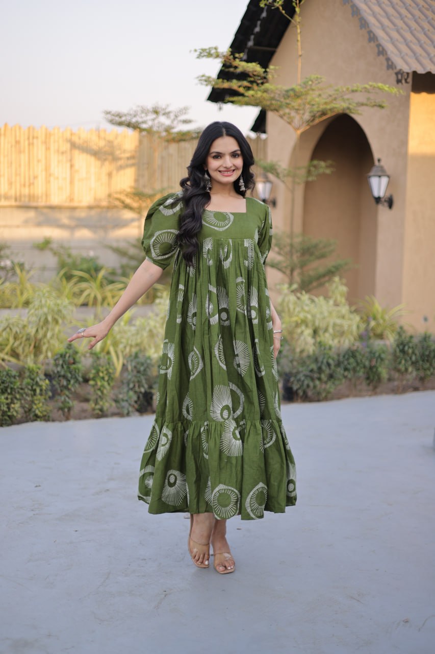 Occasion Wear Green Color Printed Cotton Flared Gown Set