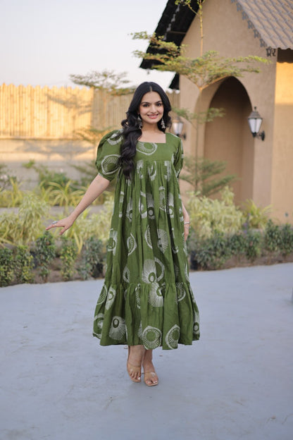 Occasion Wear Green Color Printed Cotton Flared Gown Set