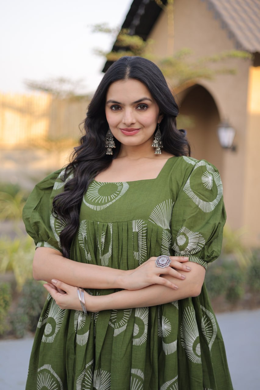 Occasion Wear Green Color Printed Cotton Flared Gown Set