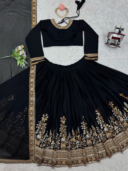 Sangeet Wear Black Color Faux Georgette And Thread With Sequence Work Lehenga Choli
